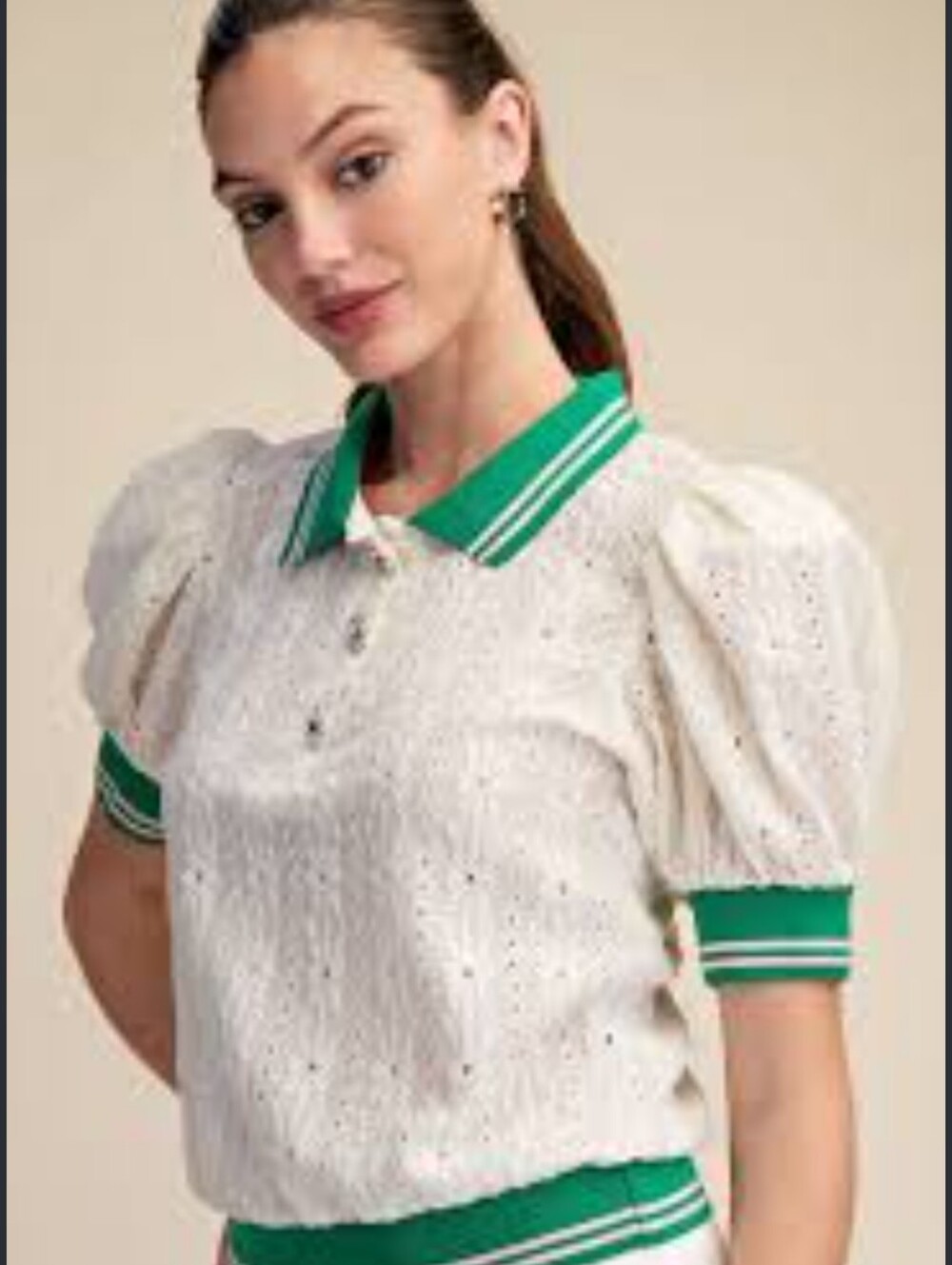 maeve Puff-Sleeve Polo Top Eyelet Polo Top in White & Green Size Large